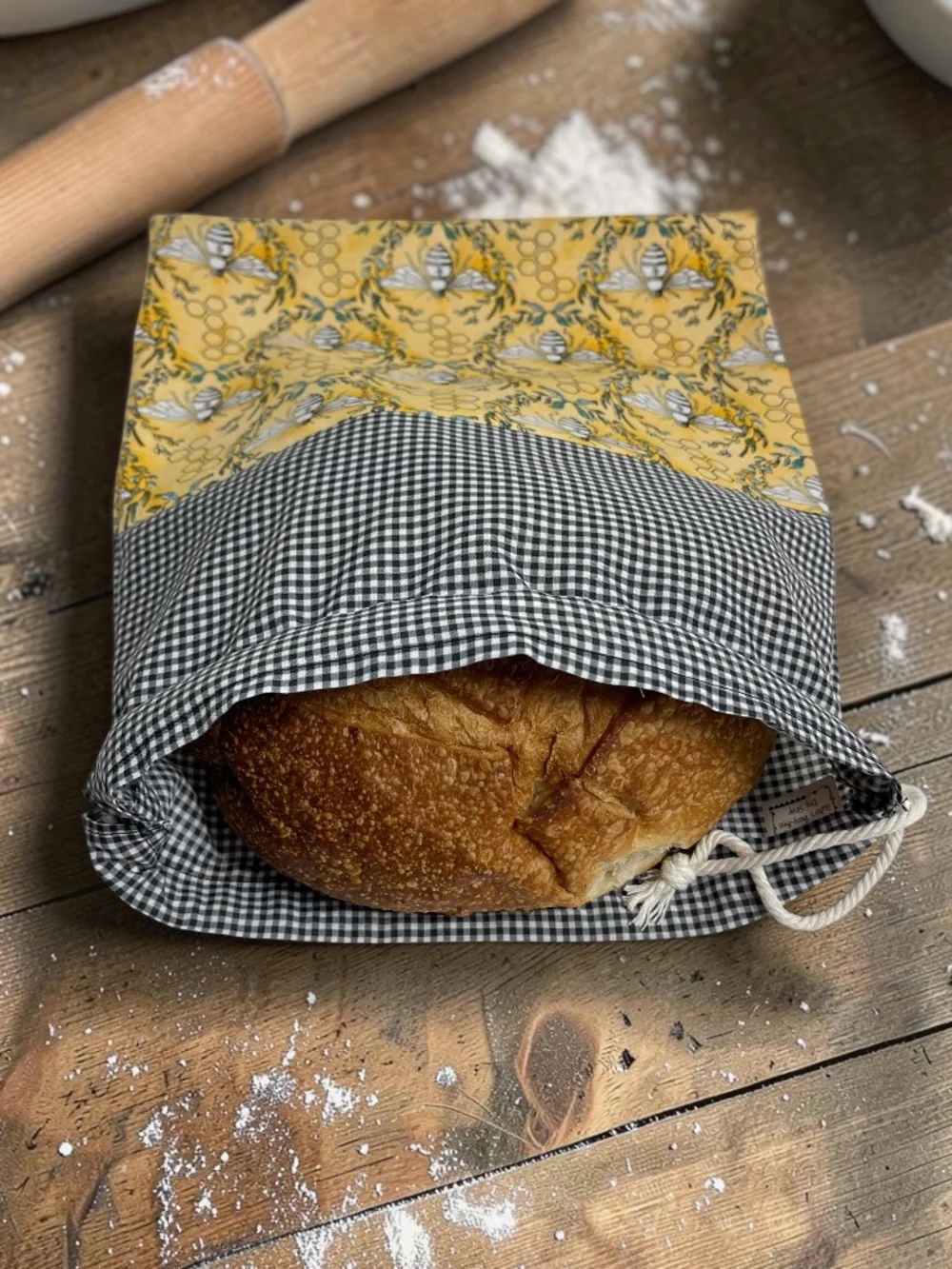 Yellow Bumblebee Bread Bag, Black White Checkered Cotton Bread Bag, Reusable Bag